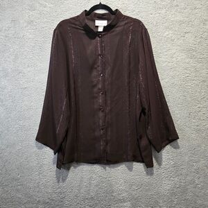 Susan Graver Sheer‎ Blouse Womens 1X Brown Metallic Button Down Sparkly Top
